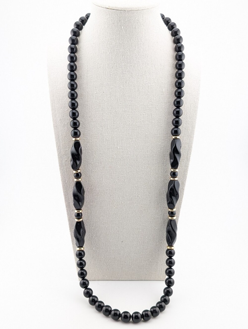Vintage Lucite Black & Gold Beaded Long Necklace - Estate Jewelry